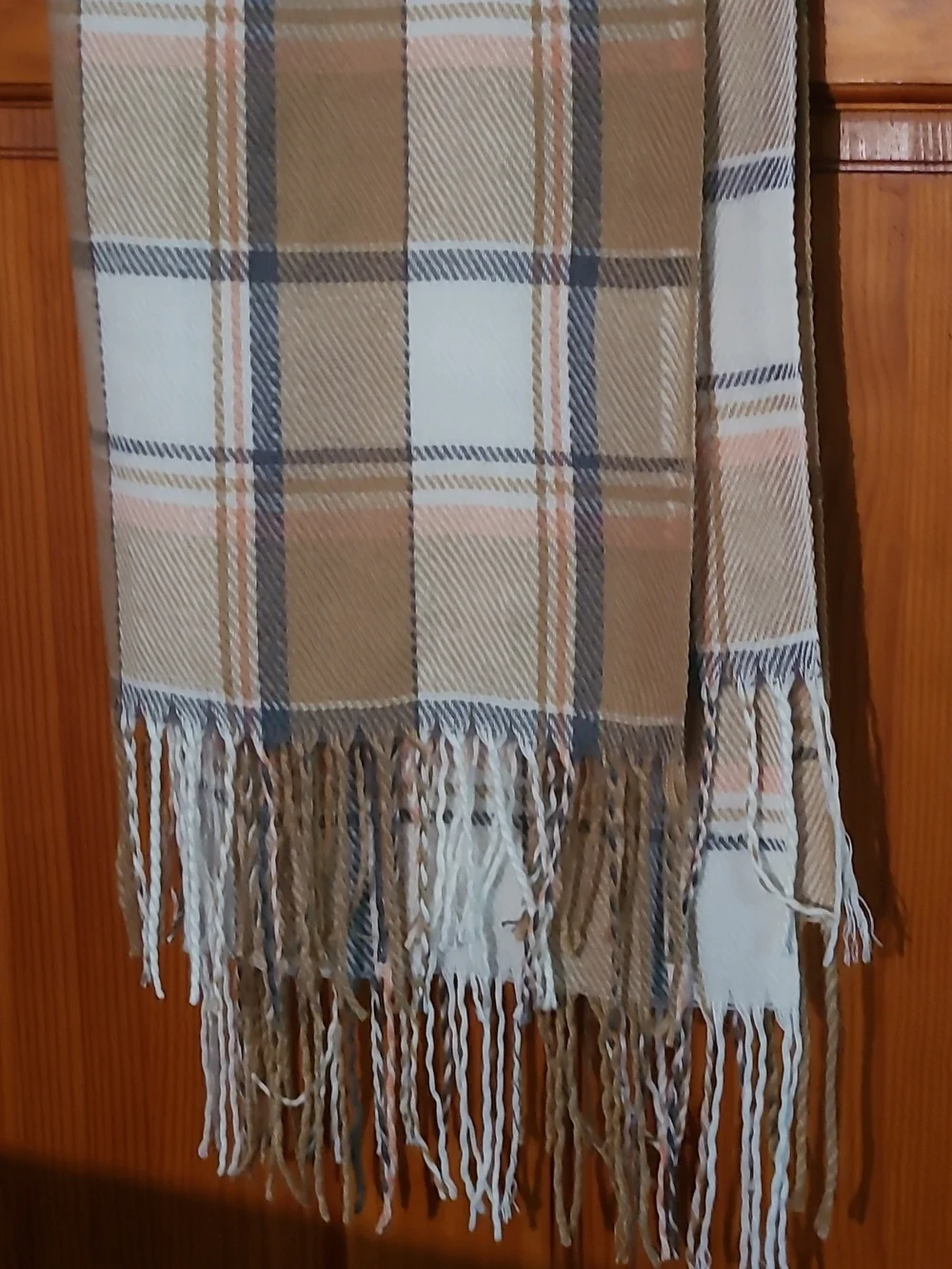 Plaid Fringe Wrap Scarf in Camel and Cream NWOT